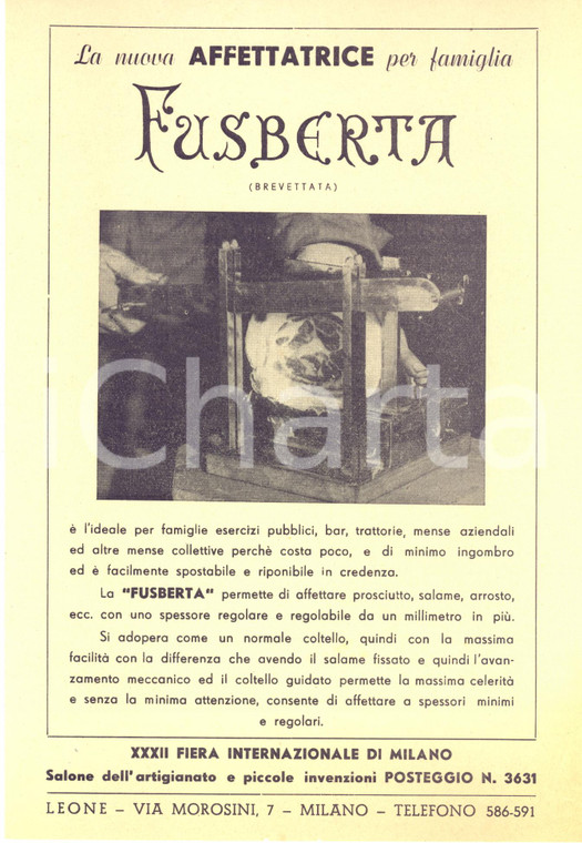 1954 XXXII FIERA DI MILANO - Affettatrice FUSBERTA - Volantino pubblicitario