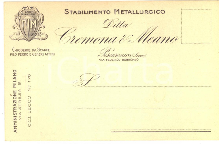 1920 ca PESCARENICO Ditta CREMONA & MEANO Stabilimento metallurgico *Cartolina