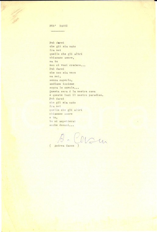 1970 ca Andrea CASON Può darsi - Poesia dattiloscritta con AUTOGRAFO