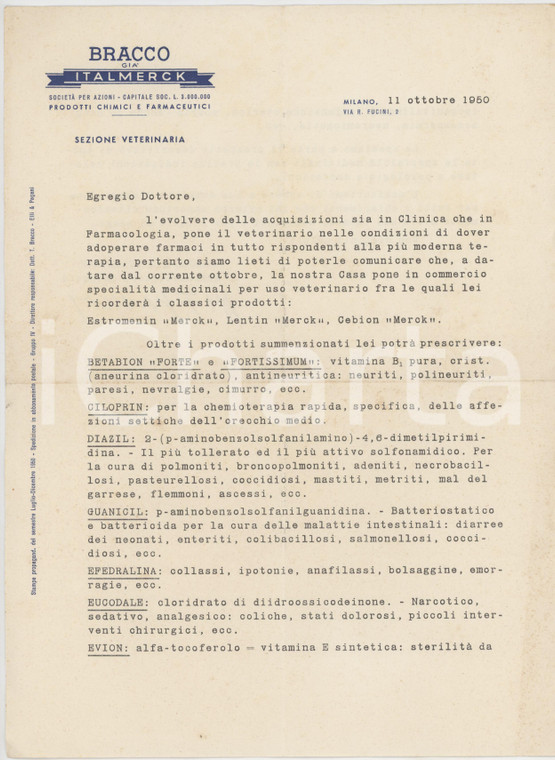 1950 MILANO Ditta BRACCO già ITALMERCK Sezione Veterinaria - Lettera commerciale
