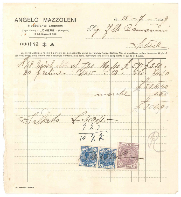 1929 LOVERE (BG) Angelo MAZZOLENI Negoziante legnami - Fattura