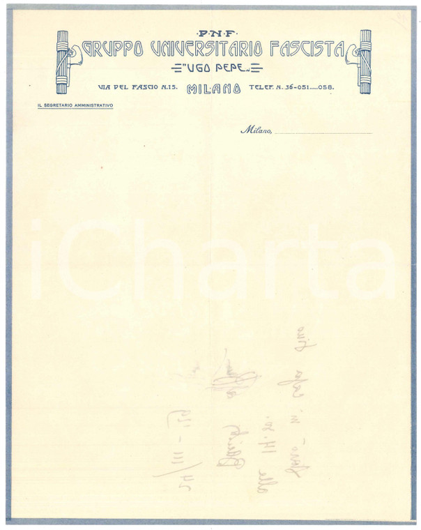 1929 PNF MILANO Gruppo Universitario Fascista UGO PEPE - Carta intestata