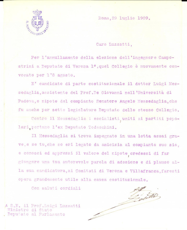1909 ROMA Lettera Giovanni GIOLITTI pro Luigi MESSEDAGLIA - AUTOGRAFO