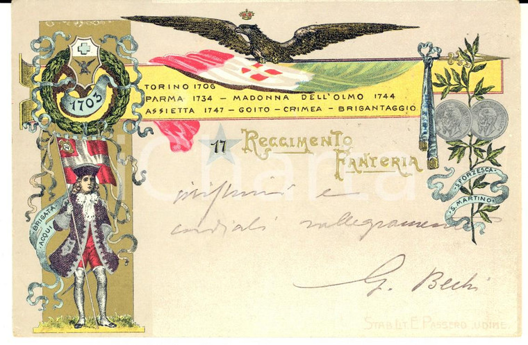 1907 Scrittore Giulio BECHI - Autografo su cartolina 17° Reggimento Fanteria