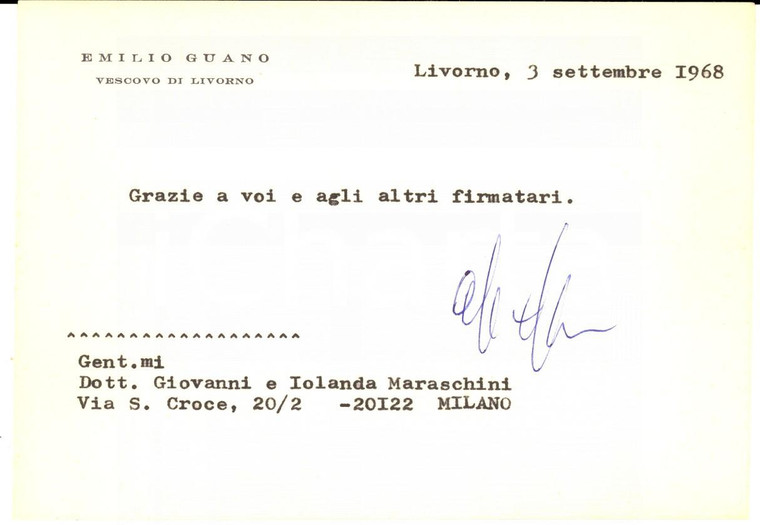 1968 LIVORNO Biglietto mons. Emilio GUANO per ringraziamento - AUTOGRAFO