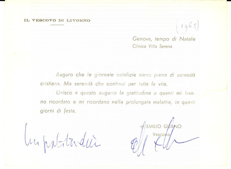 1965 GENOVA Biglietto mons. Emilio GUIANO  - AUTOGRAFO DANNEGGIATO
