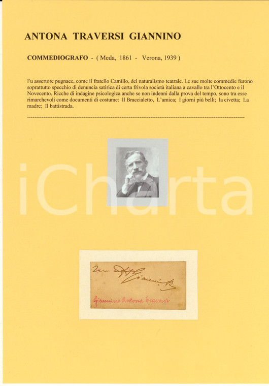 1900 ca Giannino ANTONA TRAVERSI - Scrittore - AUTOGRAFO su carta (frammento)