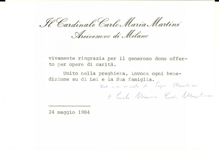 1984 MILANO Arcivescovo Carlo Maria MARTINI - Biglietto ringraziamento AUTOGRAFO