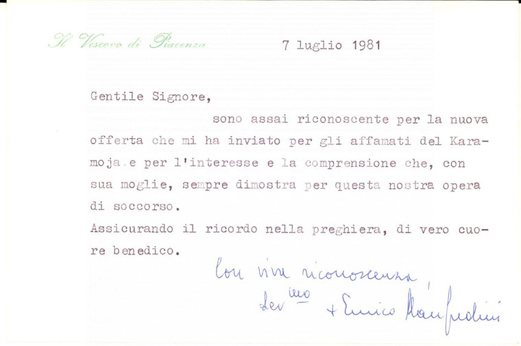 1981 PIACENZA Vescovo Enrico MANFREDINI - Biglietto ringraziamento AUTOGRAFO