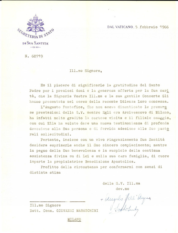 1966 VATICANO Mons. Angelo DELL'ACQUA - Lettera ringraziamento AUTOGRAFO