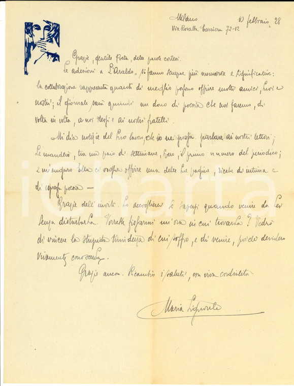 1928 MILANO Lettera Maria SIGNORILE sul successo de "L'Araldo" - AUTOGRAFO