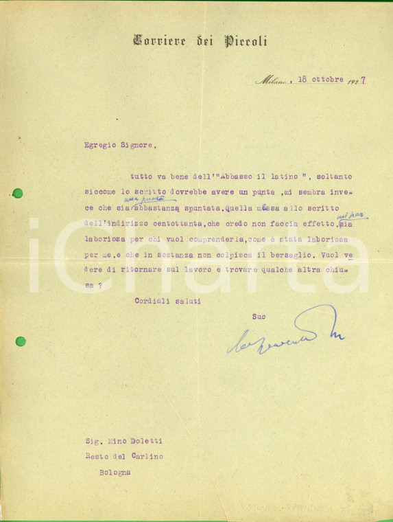 1927 MILANO Lettera Silvio SPAVENTA FILIPPI a un giornalista - AUTOGRAFO