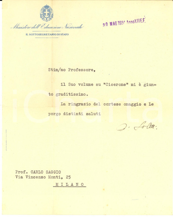1934 ROMA Arrigo SOLMI - Lettera di ringraziamento per libro - AUTOGRAFO