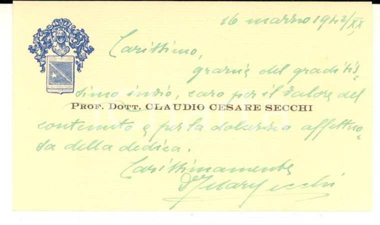 1942 MILANO Claudio Cesare SECCHI - Biglietto da visita - AUTOGRAFO