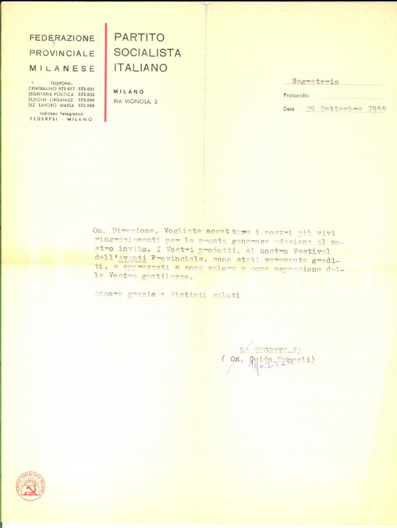1955 MILANO PARTITO SOCIALISTA Lettera Guido MAZZALI ringraziamento *AUTOGRAFO