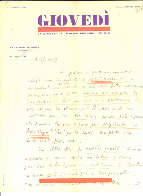 1932 MILANO GIOVEDI' Lettera Walter VACCARI su Ofelia MAZZONI - AUTOGRAFO