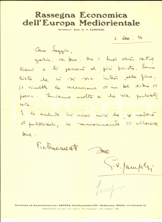 1926 ANCONA Lettera Giuseppe Vittorio SAMPIERI per libro ricevuto - AUTOGRAFO