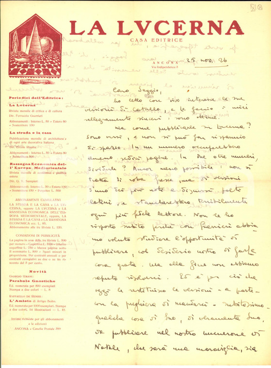 1926 ANCONA LA LUCERNA Lettera Giuseppe Vittorio SAMPIERI - AUTOGRAFO