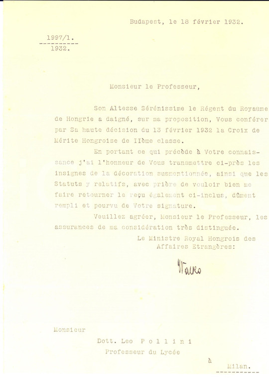 1932 BUDAPEST Lettera ministro Lajos WALKO per onorificenza - AUTOGRAFO