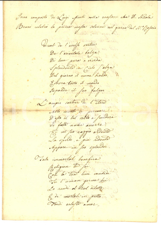 1850 ca Inno Luigi MICELI per la prima messa di don Nicola BRUNI - Manoscritto