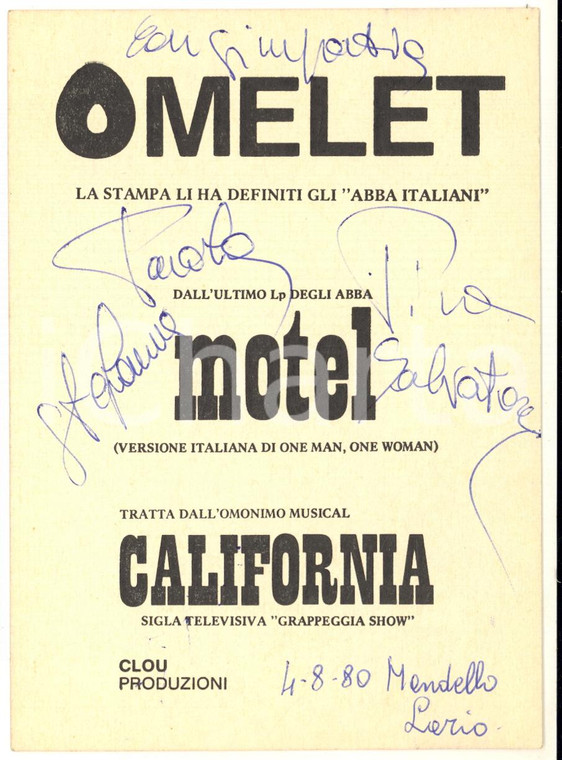 1980 MANDELLO LARIO Gruppo OMELET - Gli ABBA italiani - Cartolina con AUTOGRAFI