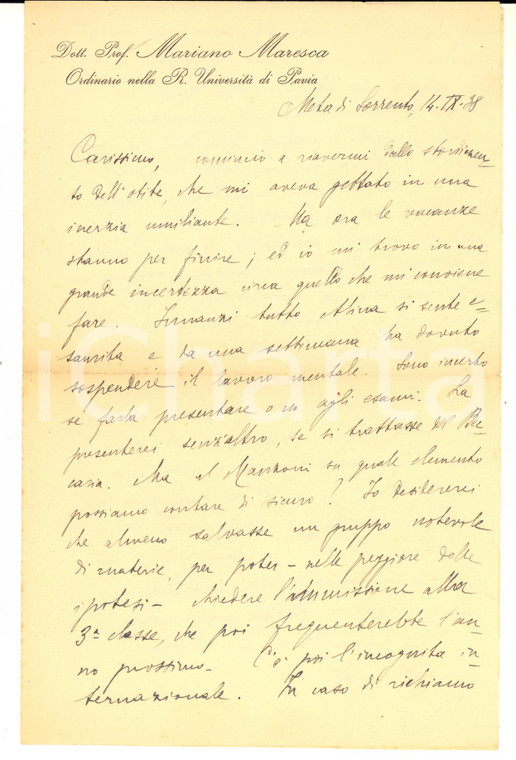 1938 META DI SORRENTO Mariano MARESCA teme il richiamo alle armi - AUTOGRAFO