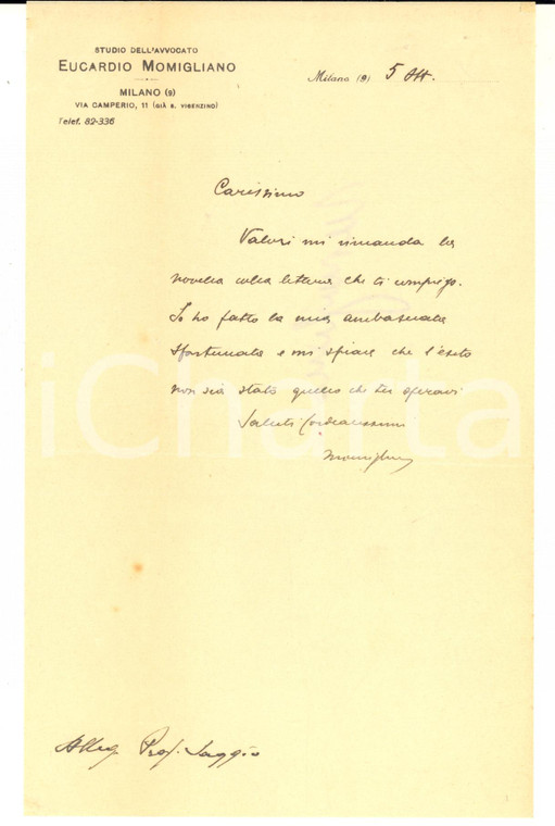 1930 ca MILANO Lettera avv. Eucardio MOMIGLIANO a un amico - AUTOGRAFO