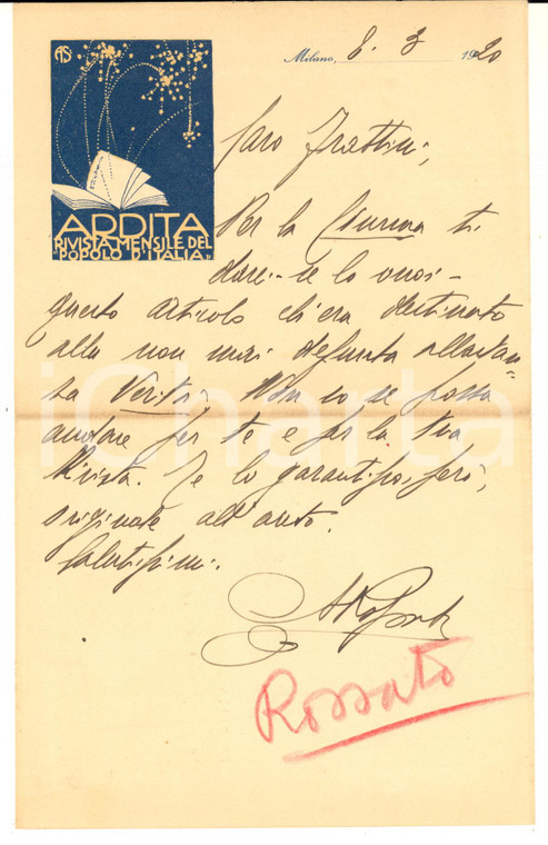 1920 MILANO Lettera Arturo ROSSATO per consegna di un articolo - AUTOGRAFO