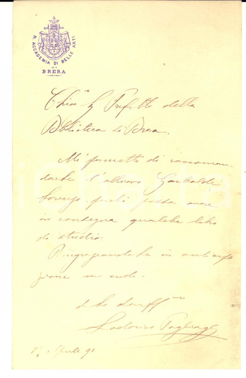 1891 MILANO BRERA Lettera Lodovico POGLIAGHI pro allievo - AUTOGRAFO