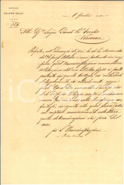 1880 COMO Mons. Pietro CARSANA - Amministrazione Collegio GALLIO *Autografo