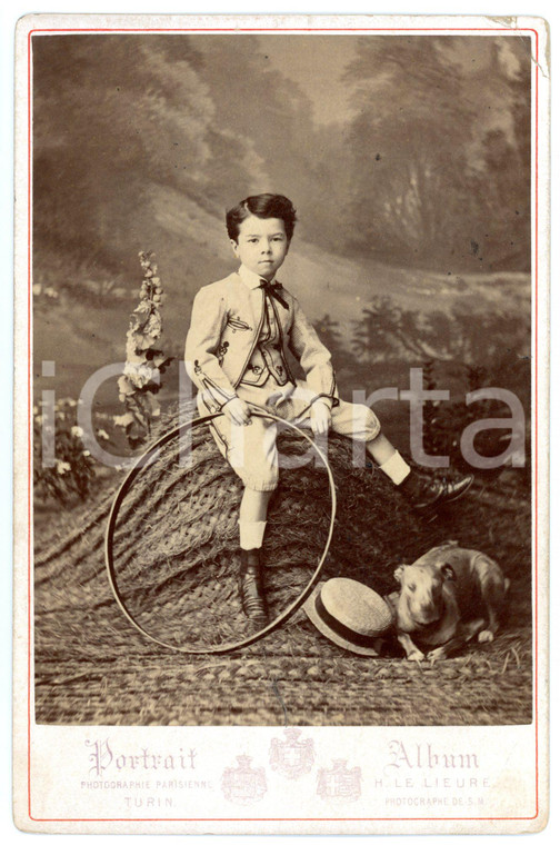 1870 ca TORINO Ritratto di bambino con cerchio e cane - Foto LE LIEURE 11x16 cm