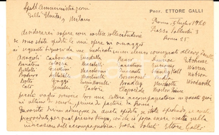 1920 ROMA Prof. Ettore GALLI - Cartolina per spedizione opere - AUTOGRAFO