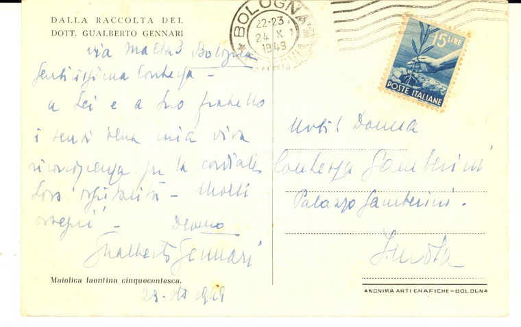 1949 BOLOGNA Gualberto GENNARI - Cartolina per ringraziamento - AUTOGRAFO