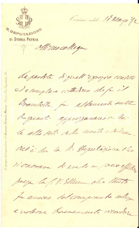 1892 TORINO Lettera Antonio MANNO in morte del collega Brambilla  - AUTOGRAFO