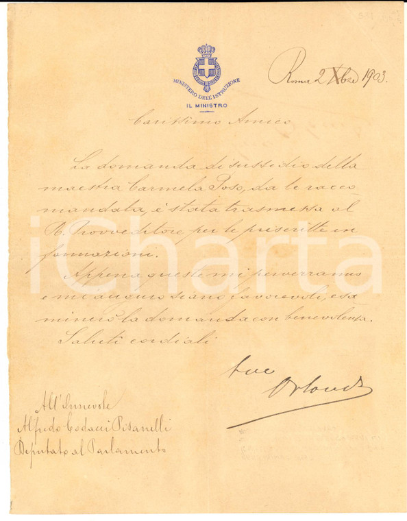 1903 ROMA Vittorio Emanuele ORLANDO - Lettera per domanda sussidio - Autografo