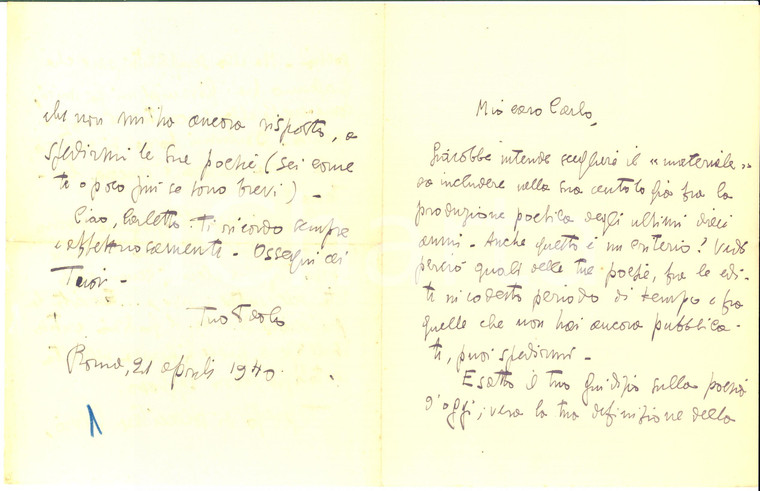 1940 ROMA Lettera Paolo NOBILE a Carlo SAGGIO per scelta poesie - Autografo