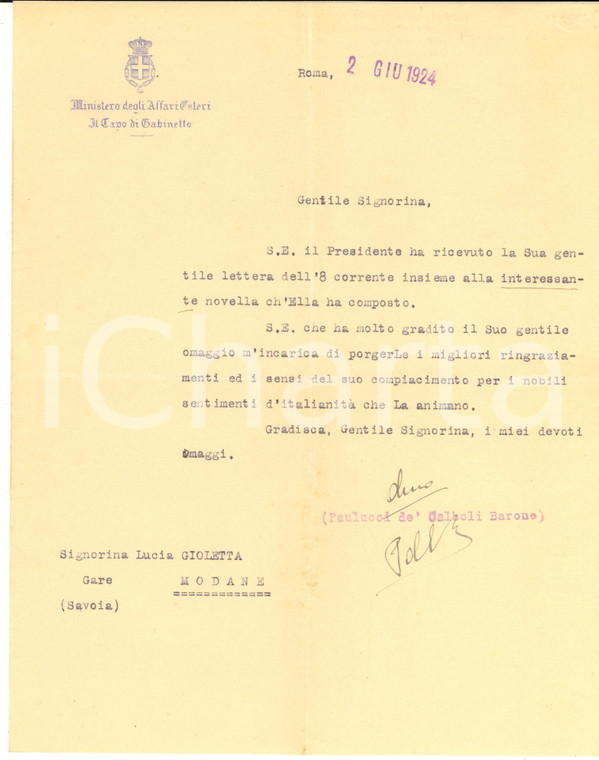 1924 ROMA Lettera Giacomo PAULUCCI DI CALBOLI per ringraziamento - AUTOGRAFO