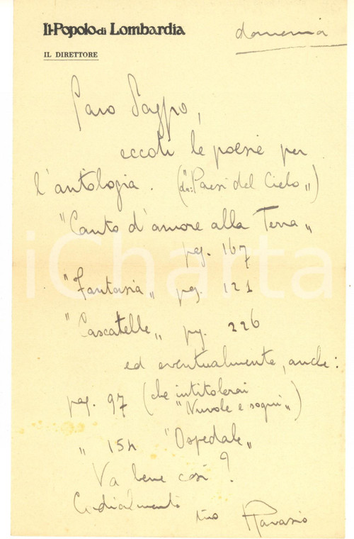 1925 ca MILANO Lettera Carlo RAVASIO per redazione antologia - AUTOGRAFO