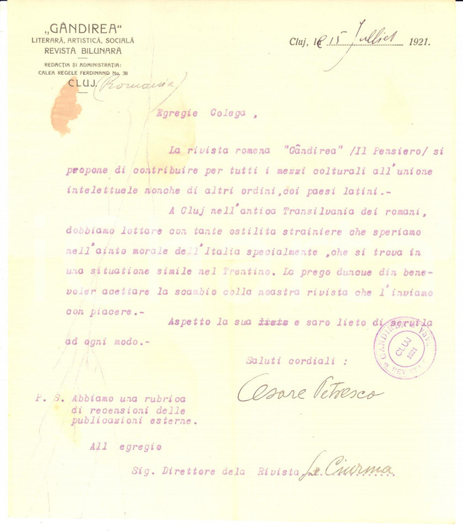 1921 CLUJ-NAPOCA Cezar PETRESCU "Speriamo nell'aiuto dell'Italia" - AUTOGRAFO