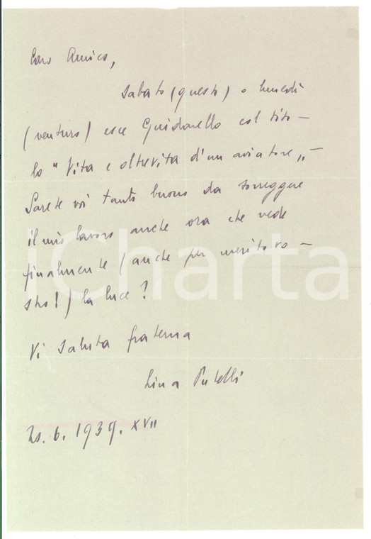 1939 Scrittrice Lina PUTELLI chiede la promozione di un suo lavoro - AUTOGRAFO