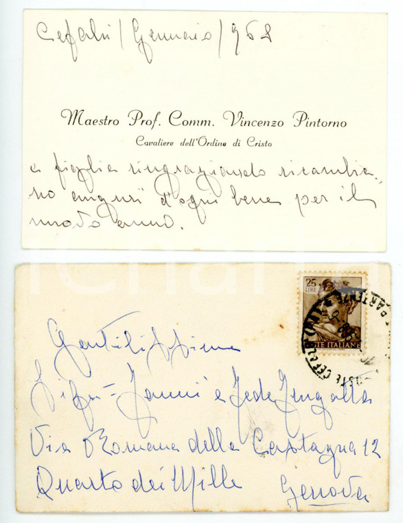 1968 CEFALÙ Vincenzo PINTORNO Cavaliere Ordine di Cristo - Biglietto manoscritto