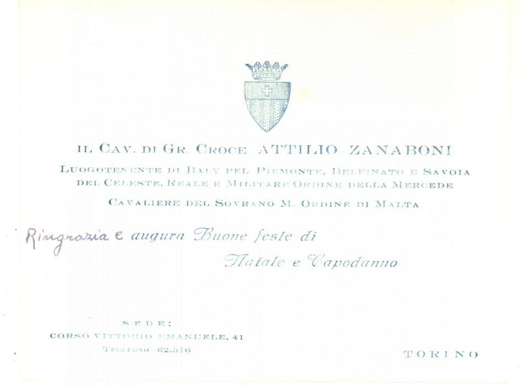 1950 TORINO Attilio ZANABONI Cavaliere di Gran Croce - Biglietto AUTOGRAFO