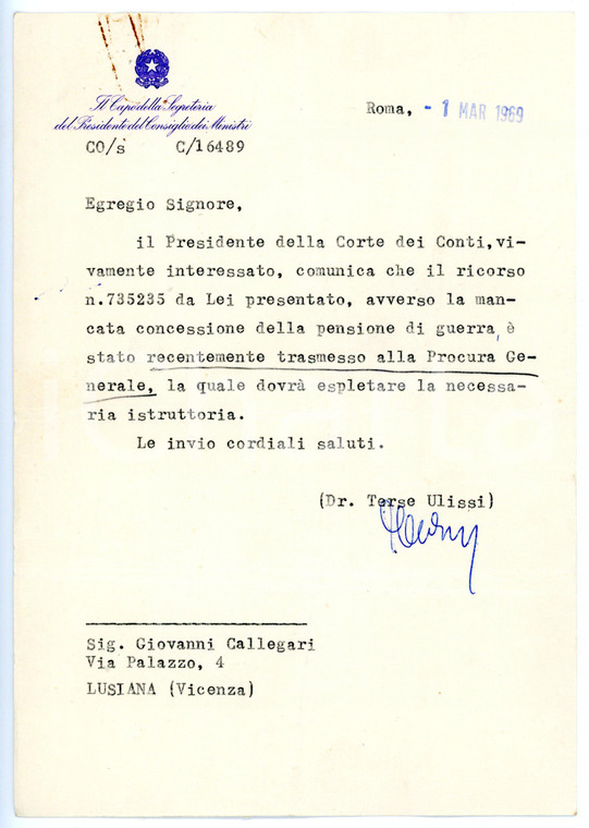 1969 ROMA Terse ULISSI per ricorso pensione di guerra - Lettera con AUTOGRAFO
