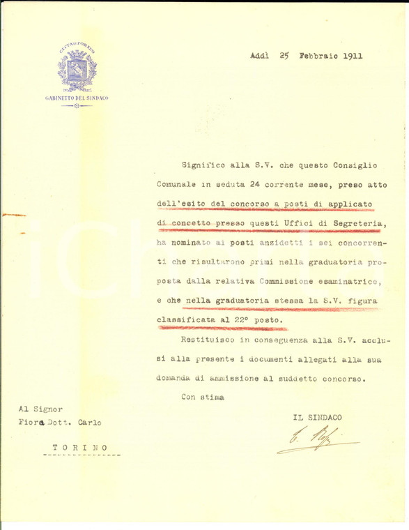 1911 TORINO Lettera Teofilo ROSSI DI MONTELERA per esito concorso - AUTOGRAFO