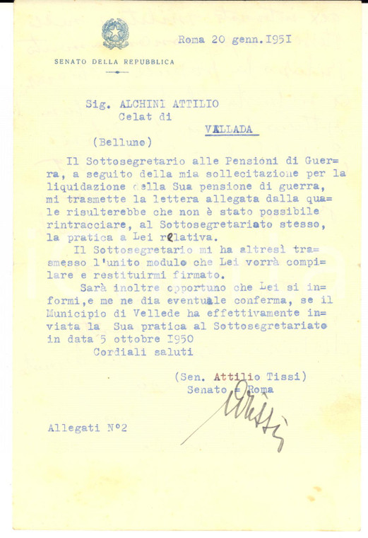 1951 ROMA Lettera Attilio TISSI per una pensione di guerra - AUTOGRAFO