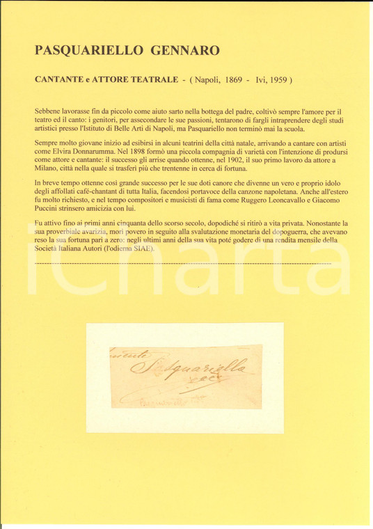 1910 ca MILANO Cantante Gennaro PASQUARIELLO - AUTOGRAFO su carta (frammento)