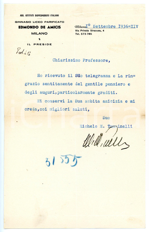 1936 MILANO Lettera Michele TUMMINELLI preside liceo "E. De Amicis" - AUTOGRAFO