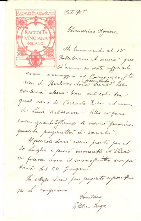 1908 MILANO Archivio Storico - Ettore VERGA pro bollettino - AUTOGRAFO