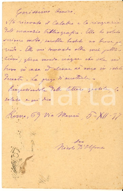 1897 ROMA Cartolina Nicolò D'ALFONSO per rivista ricevuta - AUTOGRAFO