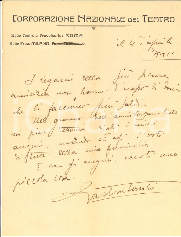 1944 MILANO Corporazione Nazionale Teatro - Lettera Gastone TANZI - AUTOGRAFO